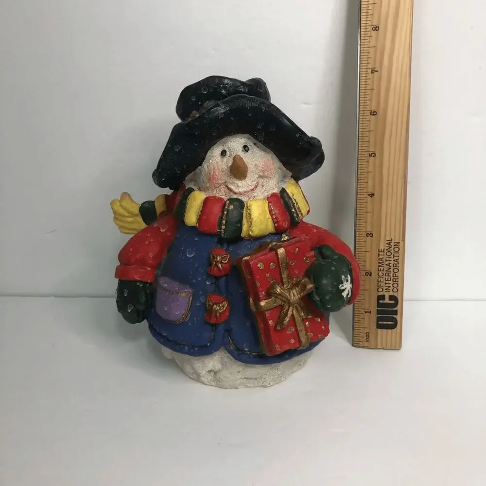 vtg Y2k colorful snowman figure snow drops‎ detail holding gift 7 inches tall